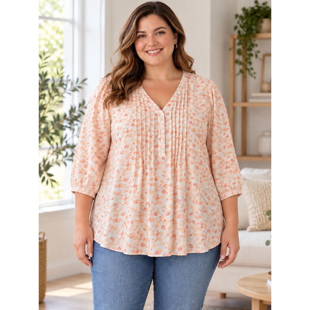 Rose + Olive Blouse Womens 2X Peach Floral Pintuck Pleated V-Neck 3/4 Sleeve Top